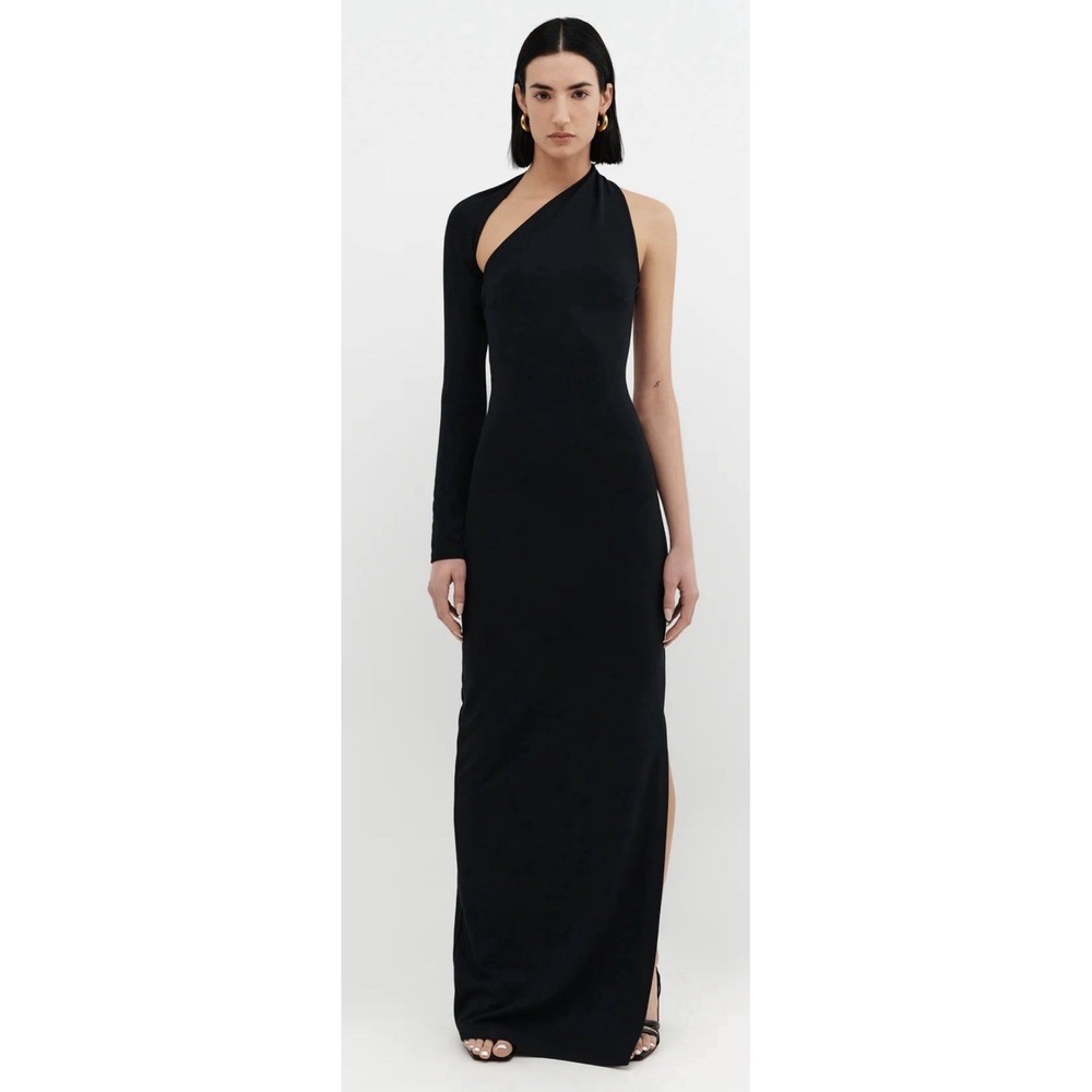 Marcella NYC One Shoulder Ponte Maxi Dress Black Long Sleeve Gown L